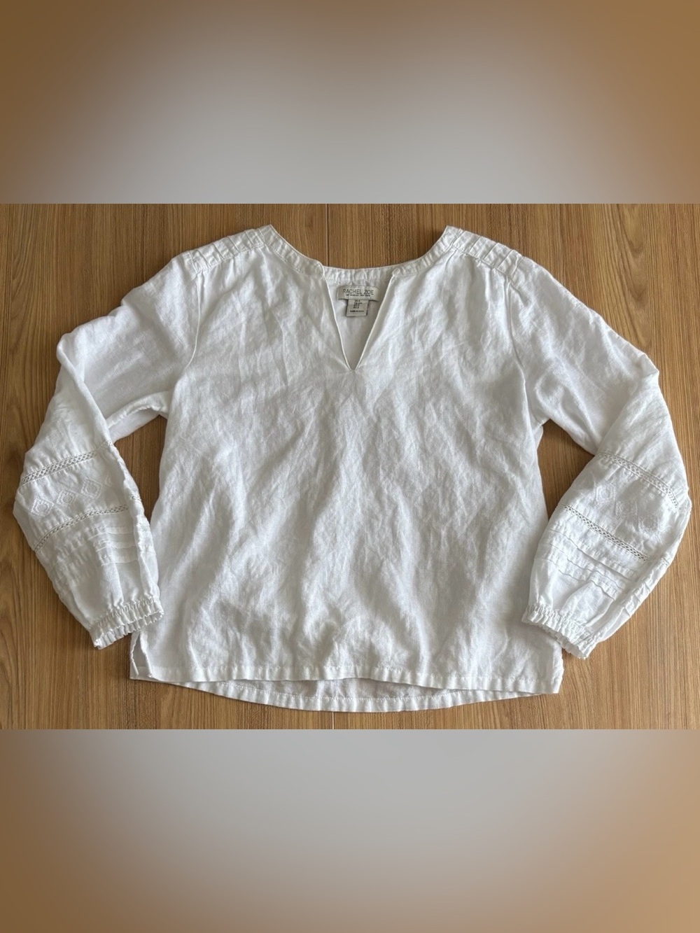Rachel Zoe Embroidered Balloon Sleeve Linen Peasant Top Womens S White Pintuck